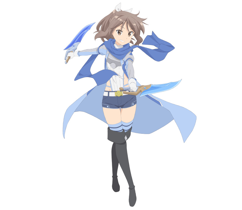 1girl aqua_cape artist_request black_footwear blue_cape blue_legwear blue_scarf blue_shorts boots brown_eyes brown_hair cape commentary_request crossed_legs dual_wielding full_body grin hair_ribbon highres holding holding_weapon itai_no_wa_iya_nano_de_bougyoryoku_ni_kyokufuri_shitai_to_omoimasu knee_boots long_hair long_scarf looking_at_viewer official_art outstretched_arms ribbon sally_(bofuri) scarf short_sword shorts smile solo standing sword thigh-highs transparent_background weapon white_ribbon