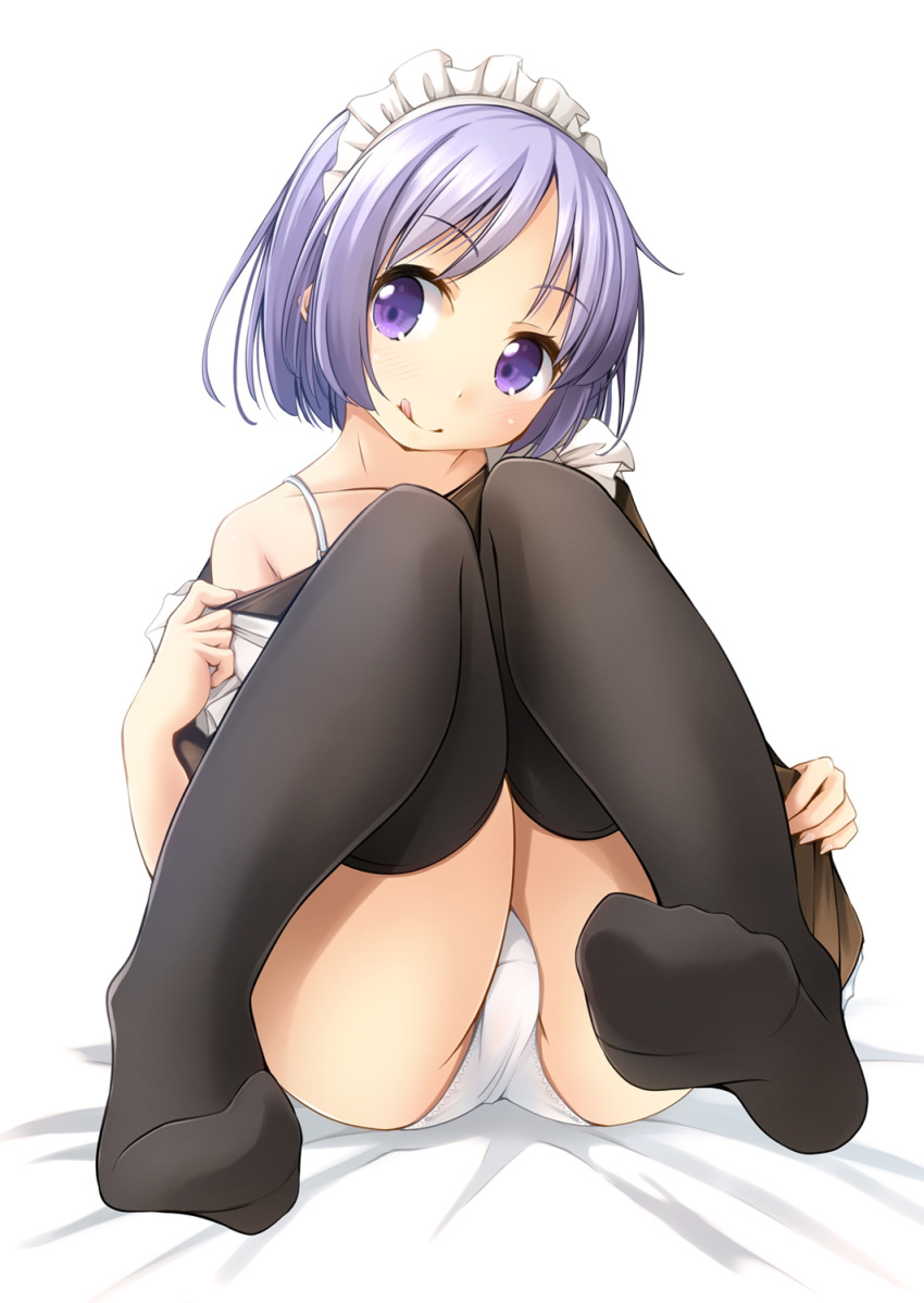 1girl :q apron bangs bed_sheet black_dress black_legwear blush closed_mouth collarbone commentary_request dress eyebrows_visible_through_hair frilled_apron frills head_tilt highres knees_together_feet_apart knees_up maid maid_headdress no_shoes original panties parted_bangs purple_hair shibacha sitting smile soles solo thigh-highs tongue tongue_out underwear undressing violet_eyes white_apron white_background white_panties