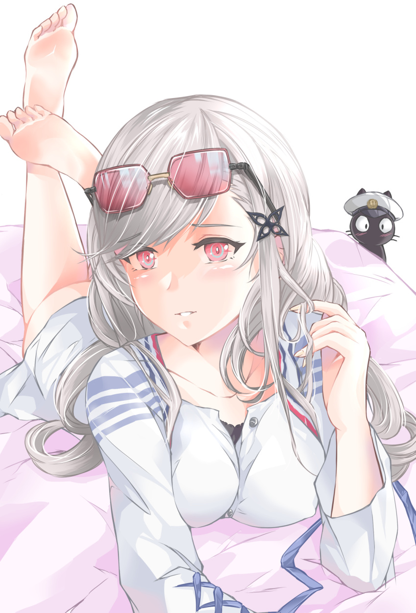 1girl artist_request azur_lane barefoot butterfly_hair_ornament cat dunkerque_(afternoon_aphrodite)_(azur_lane) dunkerque_(azur_lane) eyewear_on_head grey_hair hair_ornament highres jacket looking_at_viewer lying on_bed on_stomach pink_eyes simple_background sunglasses tinted_eyewear white_jacket