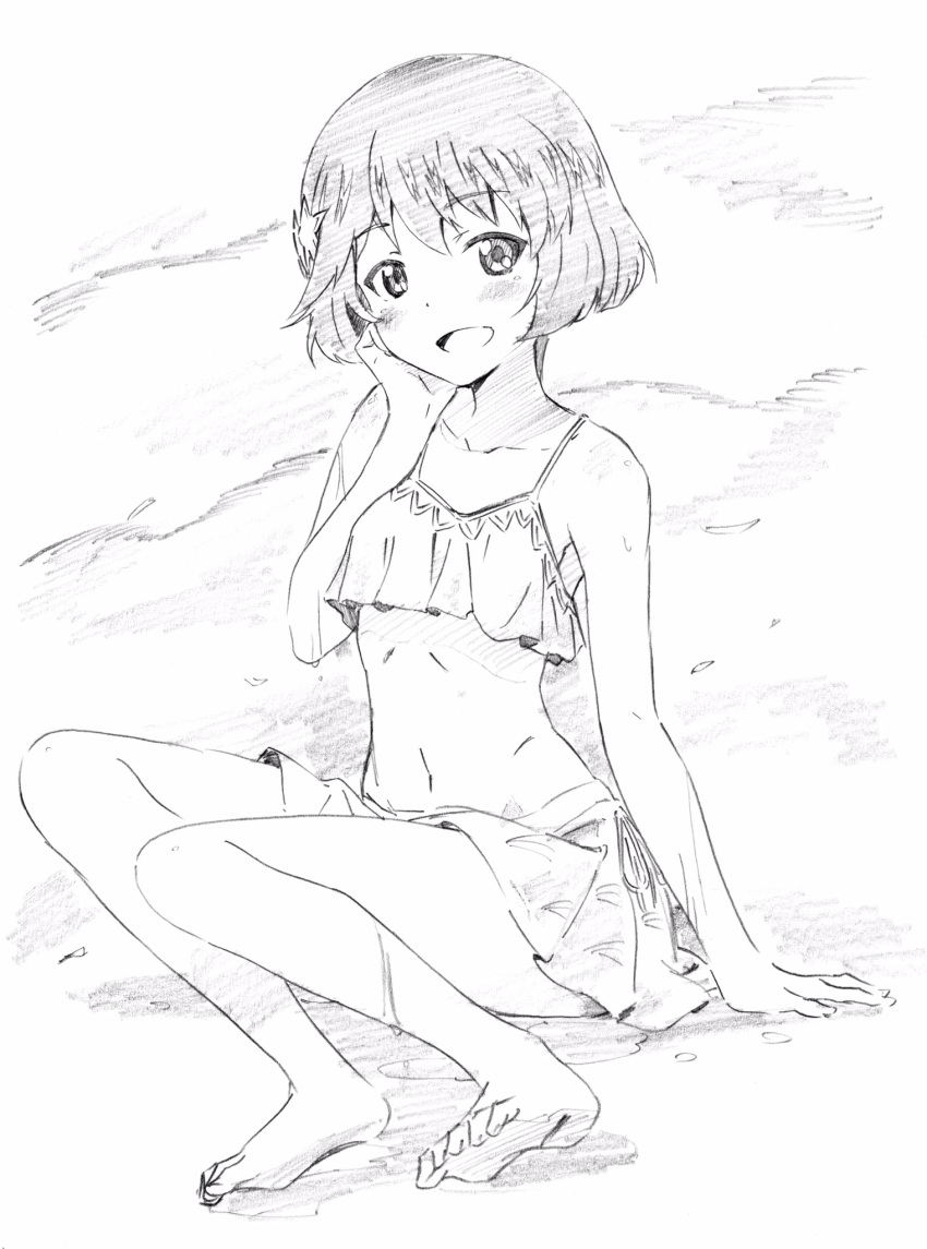 1girl bangs barefoot bikini bikini_skirt bob_cut breasts commentary eyebrows_visible_through_hair full_body girls_und_panzer graphite_(medium) hand_on_own_face highres looking_at_viewer navel open_mouth pink_x short_hair sitting small_breasts smile solo swimsuit traditional_media utsugi_yuuki