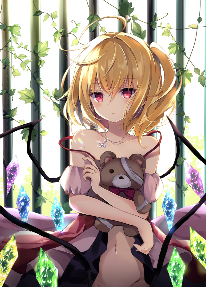 1girl absurdres ahoge bare_shoulders blonde_hair collarbone cross cross_necklace crystal doll_hug dress eyebrows_visible_through_hair fanbox_reward flandre_scarlet glint highres hyurasan iron_bars jewelry leaf looking_at_viewer medium_hair navel necklace off_shoulder one_side_up paid_reward parted_lips plant red_eyes side_ponytail solo spaghetti_strap strap_slip stuffed_animal stuffed_toy teddy_bear touhou upper_body vines wings