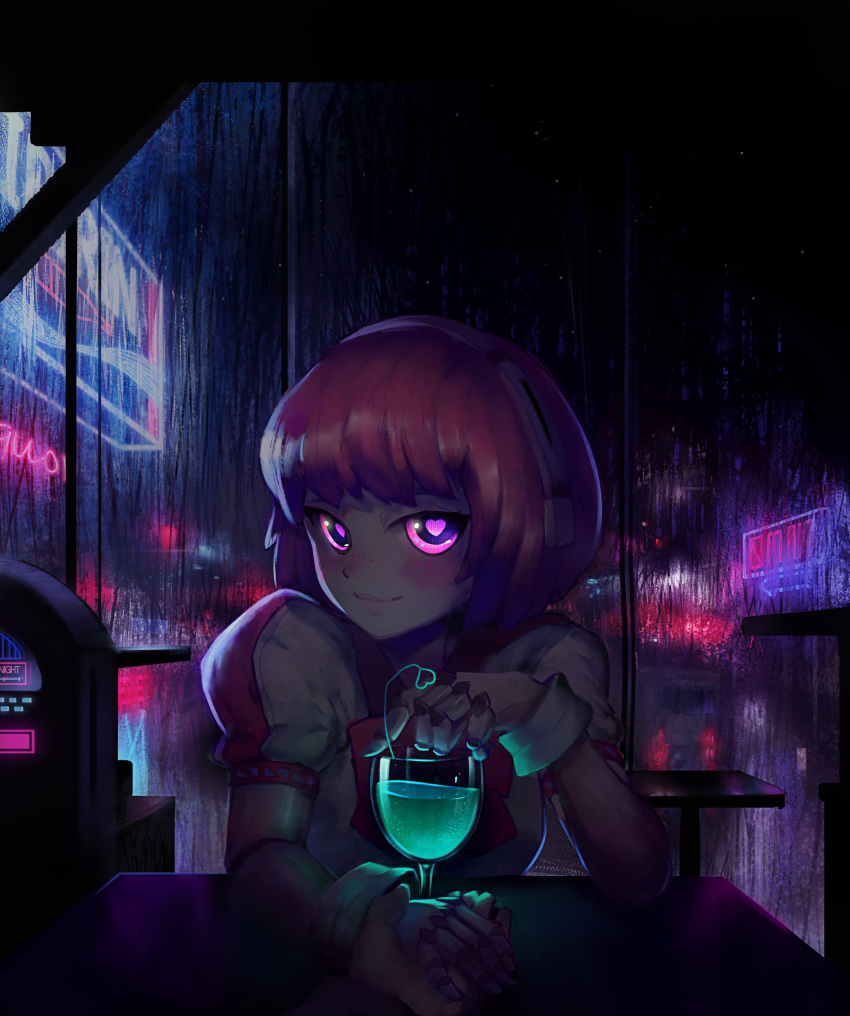 1girl absurdres android blush city city_lights cityscape cocktail cocktail_glass cup dorothy_haze drinking_glass glowing glowing_eyes heart heart-shaped_pupils highres huge_filesize mechanical_arms pink_eyes pink_hair rain short_hair solo sorapoi symbol-shaped_pupils va-11_hall-a