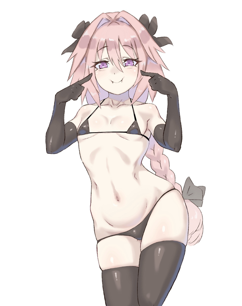 1boy absurdres astolfo_(fate) bangs bare_shoulders bikini black_bikini black_bow black_gloves black_legwear blush bow braid bulge closed_mouth collarbone elbow_gloves fate/apocrypha fate_(series) freddy_(pixiv30729500) gloves hair_between_eyes hair_bow hair_intakes highres index_fingers_raised long_braid long_hair looking_at_viewer micro_bikini navel otoko_no_ko pink_hair pointing pointing_at_self puffy_cheeks simple_background single_braid skindentation smile solo swimsuit thigh-highs thighs violet_eyes white_background