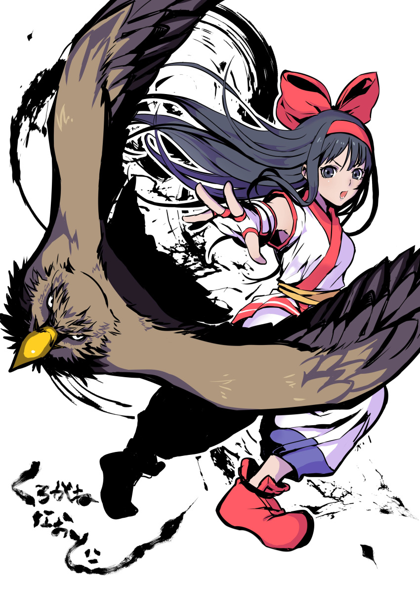 1girl absurdres ainu_clothes armpits bird black_hair fingerless_gloves gloves highres kurogane_naoto_(churushiko) long_hair mamahaha nakoruru open_mouth red_footwear red_ribbon ribbon samurai_spirits