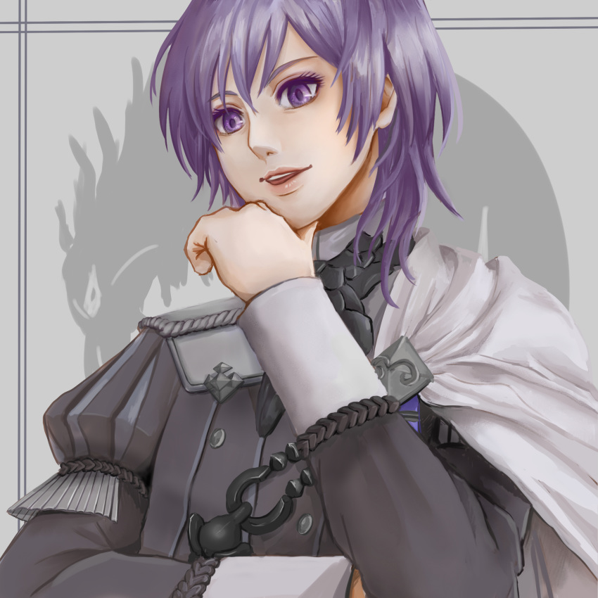 1boy cape epaulettes fire_emblem fire_emblem:_three_houses garreg_mach_monastery_uniform grey_background hi7of3he6 highres long_hair open_mouth purple_hair solo teeth violet_eyes yuri_(fire_emblem)