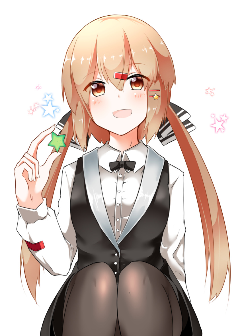 1girl :d alternate_costume bartender black_bow black_legwear black_neckwear bow bowtie brown_eyes brown_hair hair_bow hair_ornament hairclip highres kantai_collection long_hair looking_at_viewer low_twintails open_mouth pantyhose pia_(botamochinjufu) smile solo star tashkent_(kantai_collection) twintails