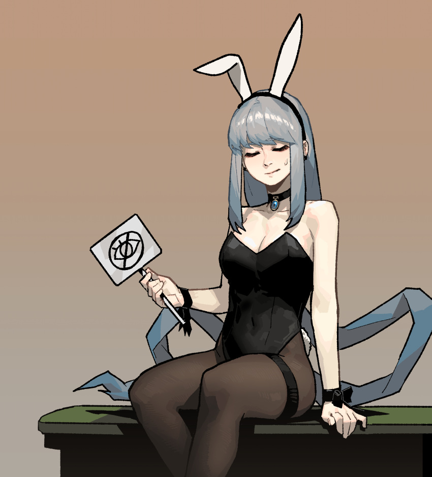 1girl animal_ears black_leotard blue_hair breasts closed_eyes detached_collar fake_animal_ears gogalking highres leotard long_hair original rabbit_ears simple_background smile smirk solo_focus sweatdrop thigh-highs worried