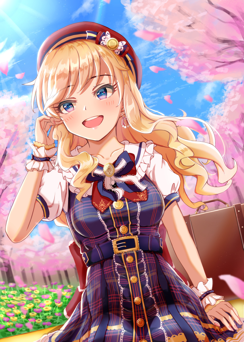 1girl alternate_costume bangs blonde_hair blue_eyes blue_sky blush breasts cherry_blossoms collarbone commentary_request day earrings eyebrows_visible_through_hair highres idolmaster idolmaster_cinderella_girls idolmaster_cinderella_girls_starlight_stage jewelry long_hair looking_at_viewer medium_breasts ootsuki_yui open_mouth outdoors red_headwear ribbon short_sleeves sky smile solo suitcase tagme takoyakiudon wavy_hair
