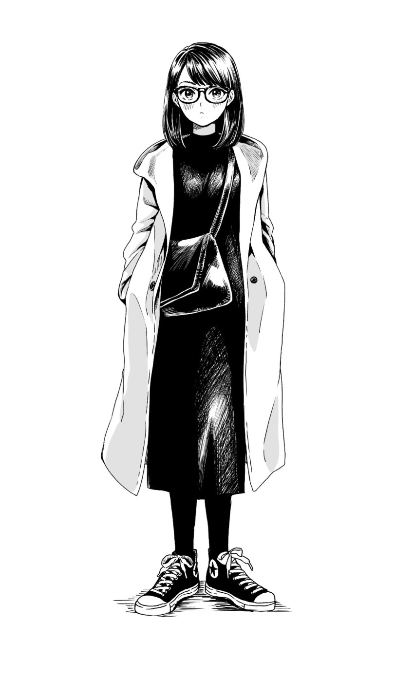 1girl bag bangs blush bob_cut closed_mouth coat dress full_body glasses greyscale hands_in_pockets highres long_sleeves looking_at_viewer medium_hair monochrome nikaidou_kou open_clothes open_coat original shoes shoulder_bag simple_background sneakers socks solo standing swept_bangs white_background