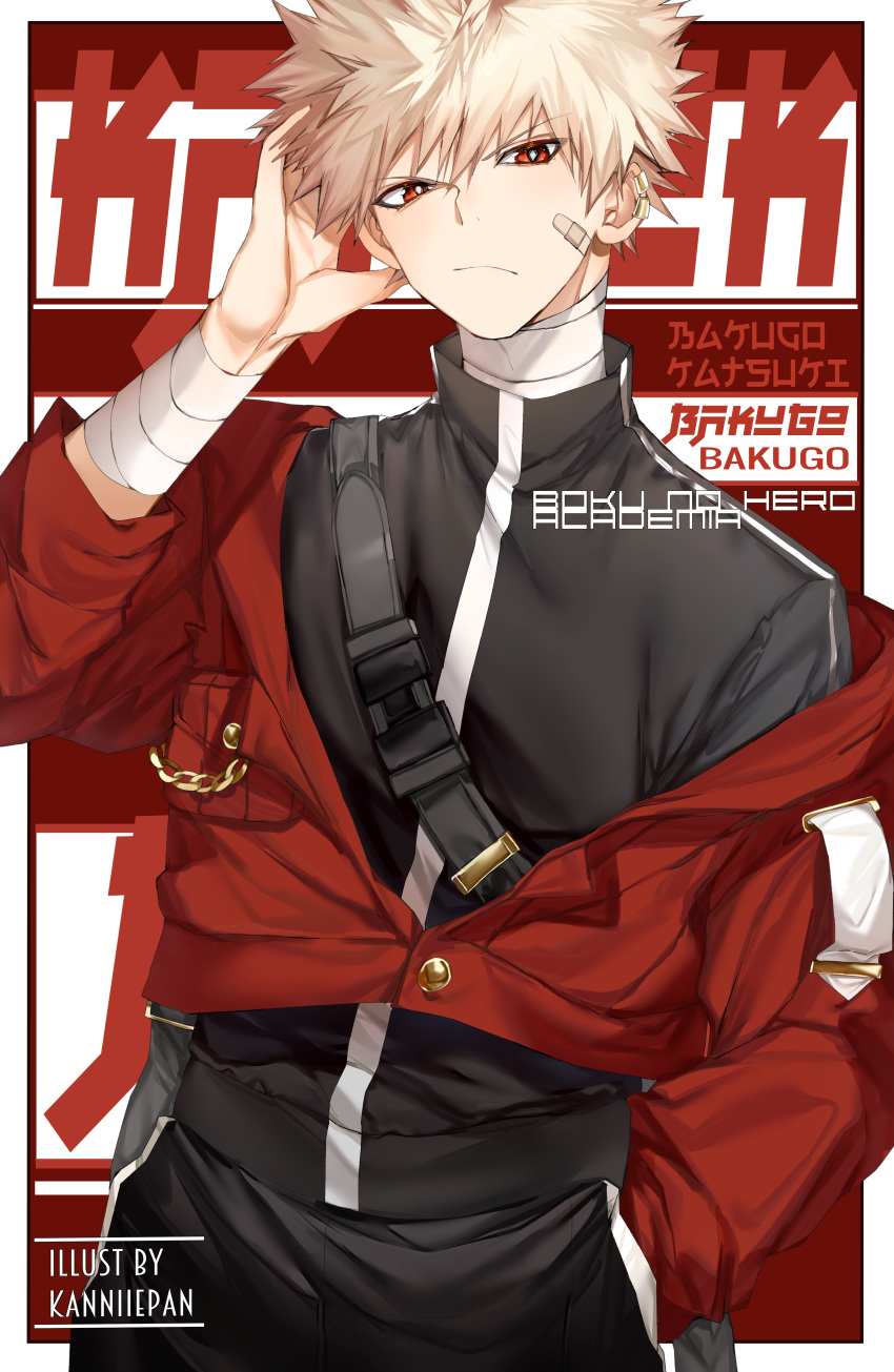 1boy absurdres alternate_costume artist_name bakugou_katsuki bandaged_arm bandages bandaid bandaid_on_face bangs black_pants blonde_hair boku_no_hero_academia character_name commentary cover eyebrows_visible_through_hair frown highres hood hooded_jacket jacket kanniepan looking_at_viewer magazine_cover off-shoulder_jacket pants red_eyes red_jacket solo spiky_hair sportswear