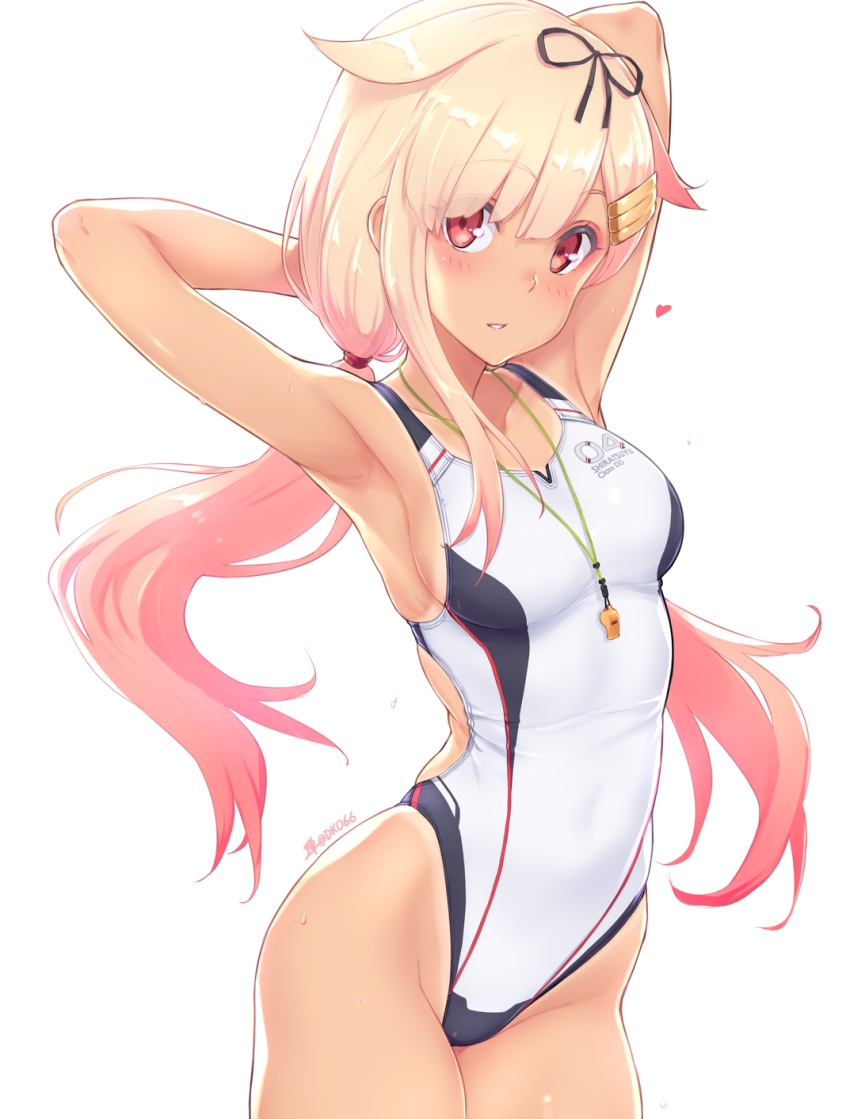 1girl armpits arms_up bangs blonde_hair blush breasts collarbone competition_swimsuit dan_(kumadan) eyebrows_visible_through_hair hair_between_eyes hair_flaps hair_ornament hair_ribbon hairclip heart highleg highleg_swimsuit highres kantai_collection long_hair looking_at_viewer low_twintails one-piece_swimsuit red_eyes remodel_(kantai_collection) ribbon simple_background solo swimsuit tan twintails whistle whistle_around_neck white_background white_swimsuit yuudachi_(kantai_collection)