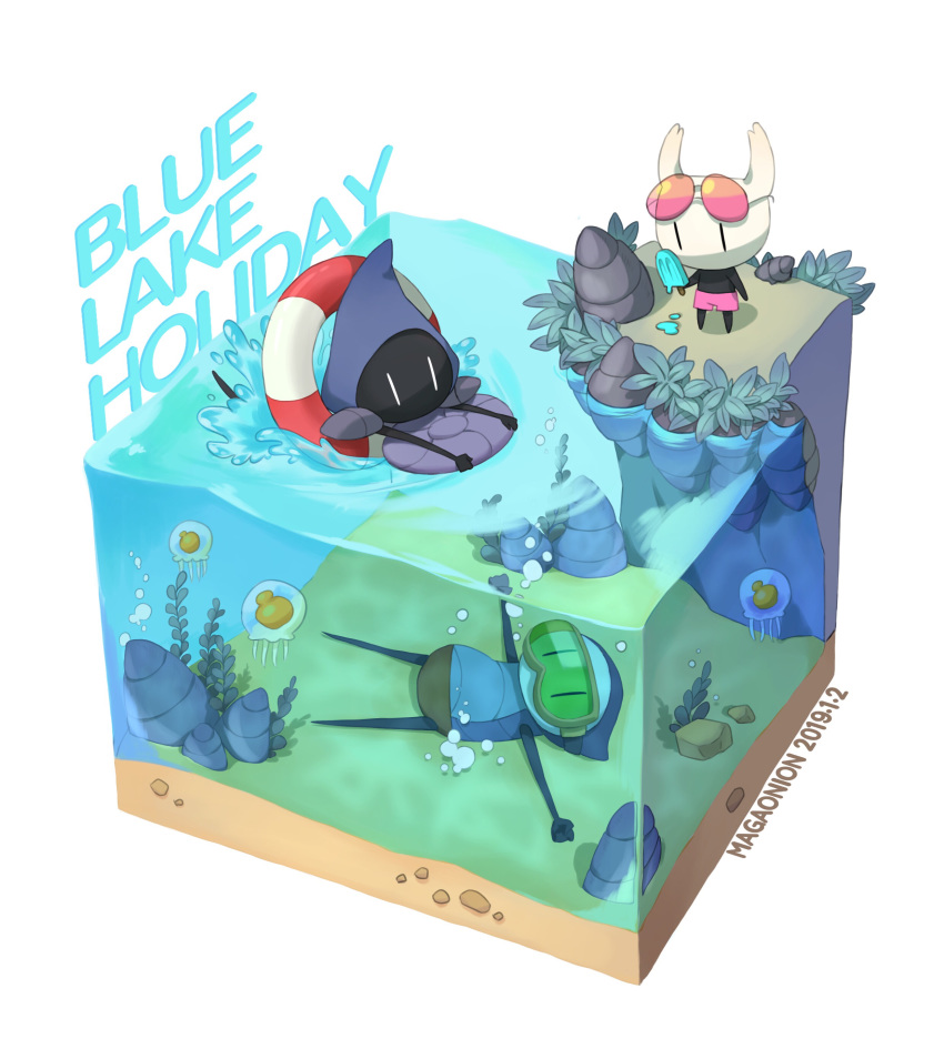 1other 2boys absurdres air_bubble artist_name bubble dated dripping eating eyewear_on_head food goggles highres holding holding_food hollow_knight hood ice_cream jellyfish knight_(hollow_knight) leaf lifebuoy lying maga_(comicfans100) male_swimwear melting multiple_boys no_humans on_back popsicle quirrel rock sand shield shirtless shorts shoulder_armor splashing submerged sunglasses swim_trunks swimming swimwear tiso underwater water