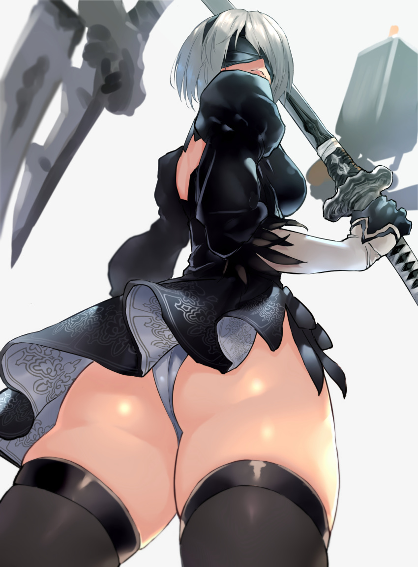 1girl ass back black_dress black_legwear breasts dress flint floating floating_object gloves hairband highres holding katana mole mole_under_mouth negresco nier_(series) nier_automata pod_(nier_automata) short_hair silver_hair solo sword thigh-highs weapon yorha_no._2_type_b