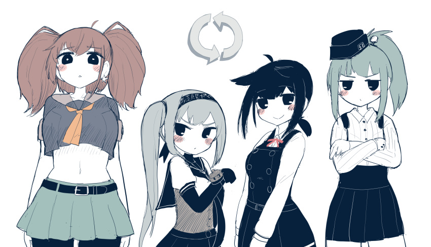 4girls atlanta_(kantai_collection) atlanta_(kantai_collection)_(cosplay) bangs belt black_bodysuit black_hair black_headband blush bodysuit breasts brown_hair clothes_writing cosplay costume_switch crop_top crossed_arms dress earrings garrison_cap green_eyes grey_hair hachimaki hair_flaps hat hatsuzuki_(kantai_collection) hatsuzuki_(kantai_collection)_(cosplay) headband headgear high-waist_skirt highres jewelry kantai_collection kasumi_(kantai_collection) kasumi_(kantai_collection)_(cosplay) large_breasts long_hair long_sleeves medium_breasts multiple_girls navel open_mouth pantyhose pinafore_dress ponytail remodel_(kantai_collection) sailor_collar short_sleeves side_ponytail sidelocks simoyuki simple_background single_earring skirt smile star star_earrings twintails white_background yuubari_(kantai_collection) yuubari_(kantai_collection)_(cosplay)