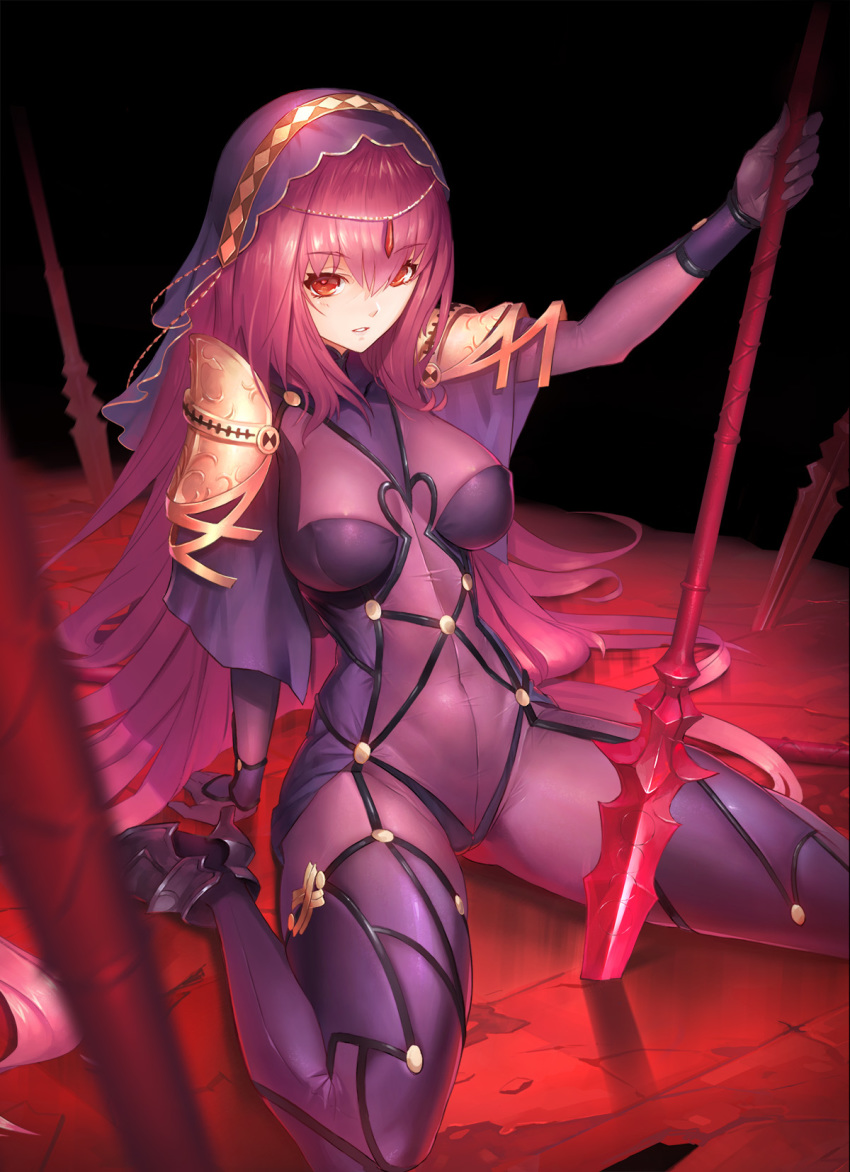 1girl arm_support duan_henglong fate/grand_order fate_(series) gloves high_heels highres long_hair looking_up polearm red_eyes scathach_(fate)_(all) scathach_(fate/grand_order) see-through shoulder_armor sitting skin_tight solo spaulders spear wariza weapon