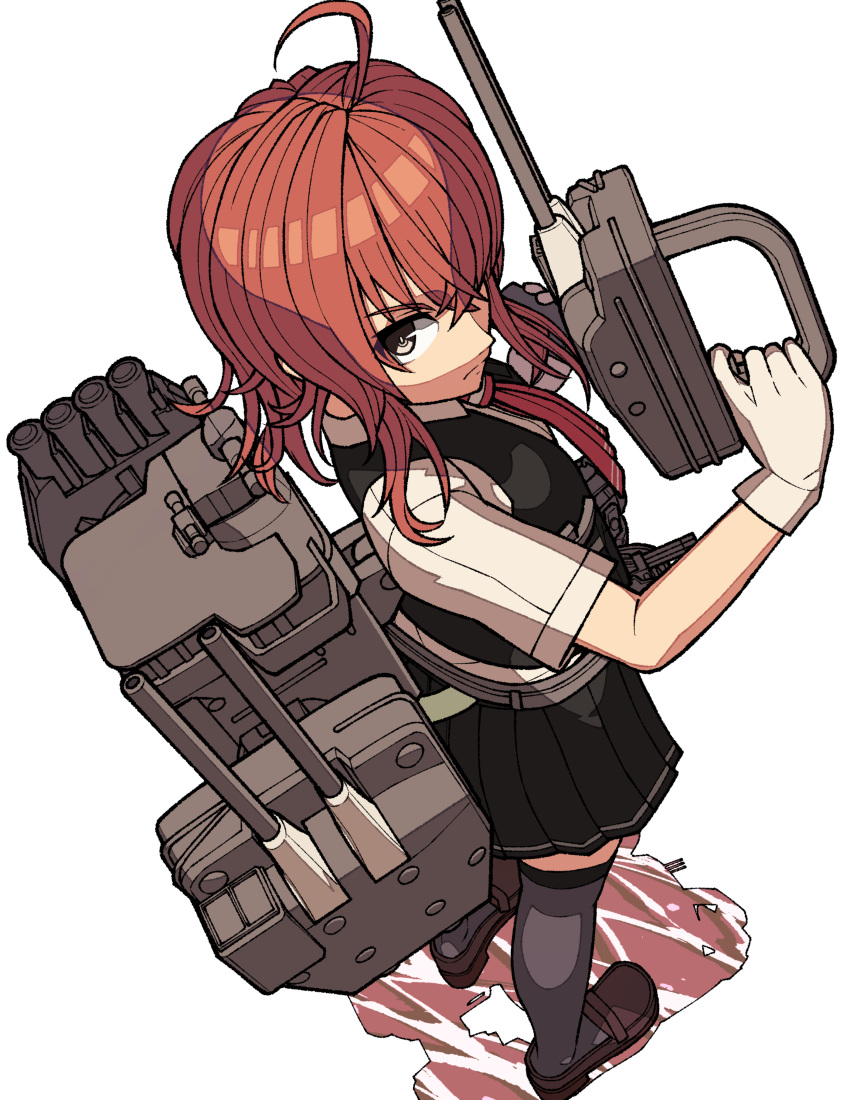 1girl absurdres adapted_turret ahoge arashi_(kantai_collection) black_legwear black_skirt black_vest brown_eyes brown_footwear cannon commentary_request dress_shirt from_above highres kantai_collection karasuma_kuraha loafers looking_at_viewer machinery neckerchief pleated_skirt redhead school_uniform shirt shoes simple_background skirt solo thigh-highs turret vest white_background white_shirt