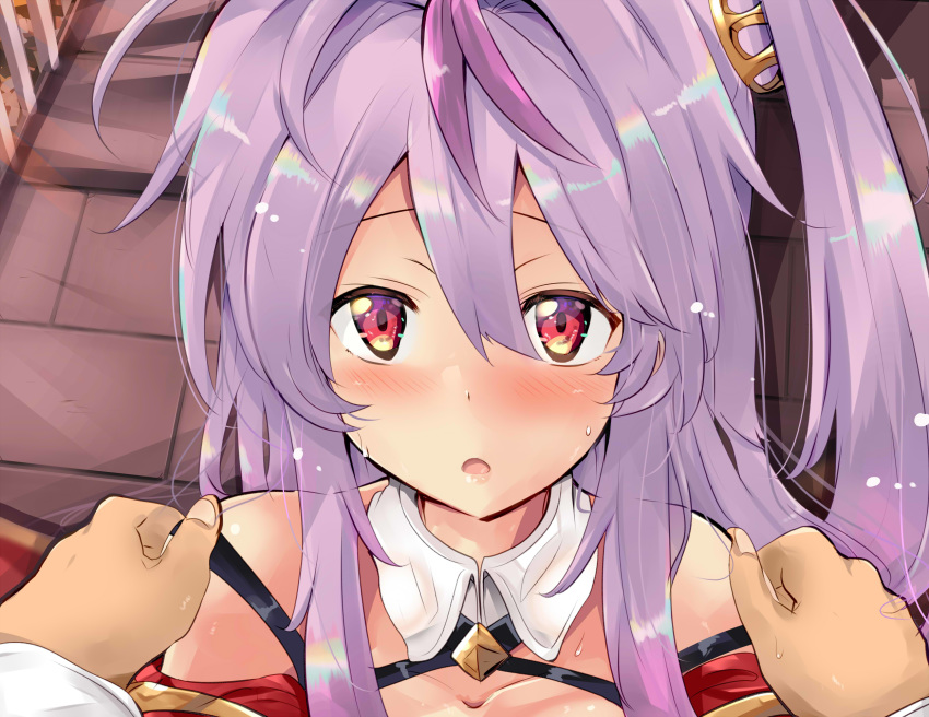 1girl azur_lane bangs blush collar collarbone commentary_request eyebrows_visible_through_hair grenville_(azur_lane) hair_between_eyes hand_on_another's_shoulder highres long_hair looking_at_viewer multicolored_hair one_side_up open_mouth outdoors pov pov_hands purple_hair red_eyes shiny shiny_hair sidelocks solo sweatdrop tonchinkan two-tone_hair white_collar