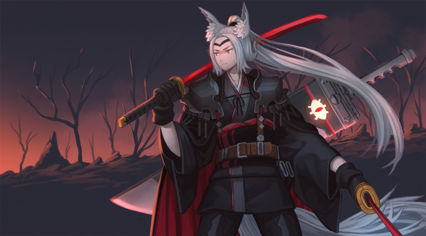 1boy animal_ear_fluff animal_ears bare_tree belt black_gloves black_jacket black_pants closed_mouth commentary_request dual_wielding gloves grey_hair headband high_ponytail holding holding_sword holding_weapon jacket katana long_sleeves male_focus nagi_itsuki original pants pixiv_fantasia pixiv_fantasia_last_saga ponytail red_eyes solo standing sword tree weapon wide_sleeves