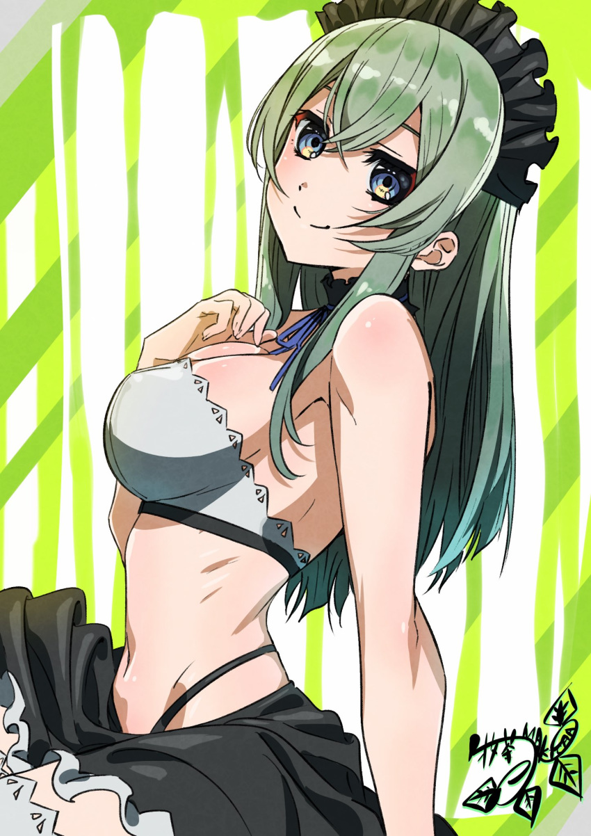 1girl artist_name bangs black_collar black_hairband black_panties black_skirt blue_neckwear breasts closed_mouth collar commentary detached_collar frilled_collar frilled_hairband frills from_side green_eyes green_hair grey_bikini_top grey_legwear hairband hand_on_own_chest highleg highleg_panties highres long_hair looking_at_viewer medium_breasts navel neck_ribbon original panties pink_x ribbon signature sitting skirt smile solo thigh-highs underwear