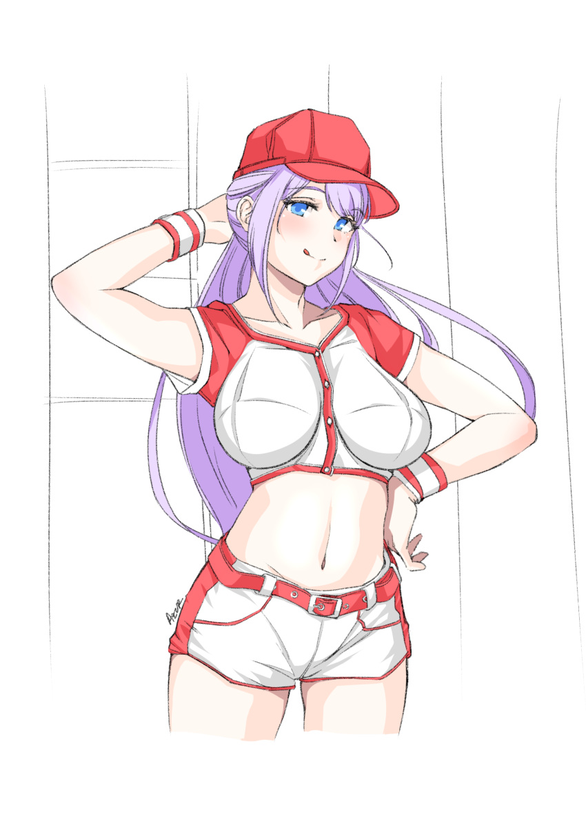 :q absurdres azurcentauri baseball_cap baseball_uniform belt blue_eyes blush breasts buttons cowboy_shot crop_top derivative_work hand_on_hip hat highres large_breasts long_hair looking_at_viewer midriff navel original purple_hair red_belt red_headwear reference_photo_request short_shorts short_sleeves shorts smile sportswear tongue tongue_out very_long_hair white_shorts wristband