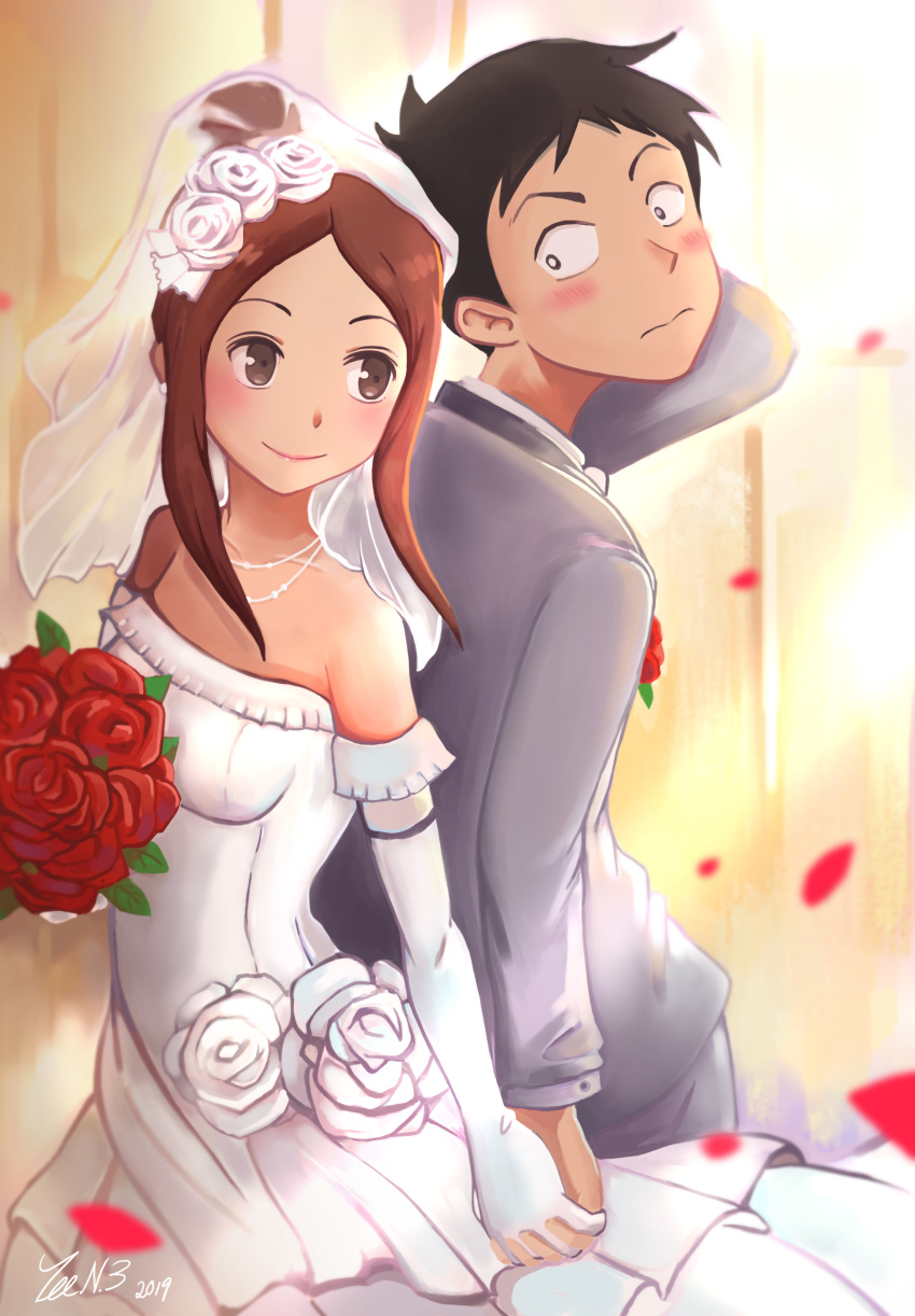 1boy 1girl absurdres back-to-back bare_shoulders black_hair blush bouquet breasts bridal_veil brown_eyes brown_hair collarbone commentary_request couple dated dress elbow_gloves flower gloves hair_flower hair_ornament hair_up highres holding_hands husband_and_wife jewelry karakai_jouzu_no_takagi-san looking_back necklace nishikata older petals red_flower red_rose rose sidelocks signature sleeveless sleeveless_dress small_breasts smile strapless strapless_dress takagi-san tuxedo veil wedding wedding_dress white_dress white_flower white_gloves white_rose zee_n3