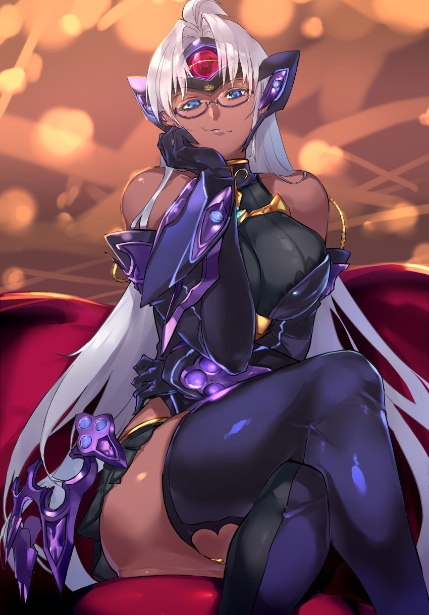 1girl absurdres android bangs bare_shoulders blue_eyes blurry blurry_background breasts closed_mouth couch crossed_legs dark_skin dress elbow_gloves glasses gloves hand_on_own_chin headgear highres large_breasts lips long_hair looking_at_viewer negresco shiny shiny_clothes shiny_hair shiny_skin short_dress silver_hair sitting sleeveless smile solo t-elos t-elos_re thigh-highs turtleneck xenoblade_(series) xenoblade_2 xenosaga xenosaga_episode_iii