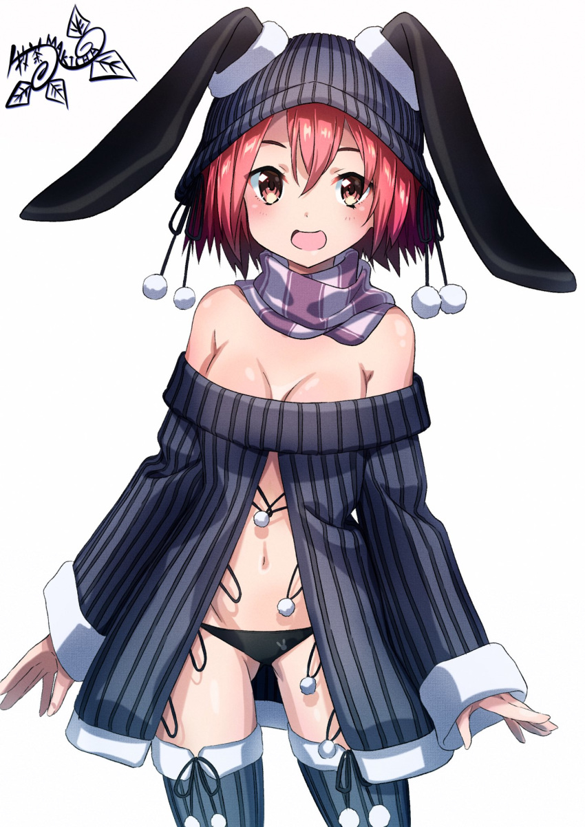 1girl :d animal_hat bangs black_panties boots breasts bunny_hat commentary cowboy_shot dress grey_dress grey_footwear grey_headwear grey_scarf hat highres long_sleeves looking_at_viewer medium_breasts mosaku_(pink_x) navel off-shoulder_dress off_shoulder open_clothes open_dress open_mouth original panties pink_eyes pink_hair pink_x scarf simple_background sleeves_past_wrists smile solo standing striped thigh-highs thigh_boots underwear vertical-striped_dress vertical-striped_footwear vertical_stripes white_background