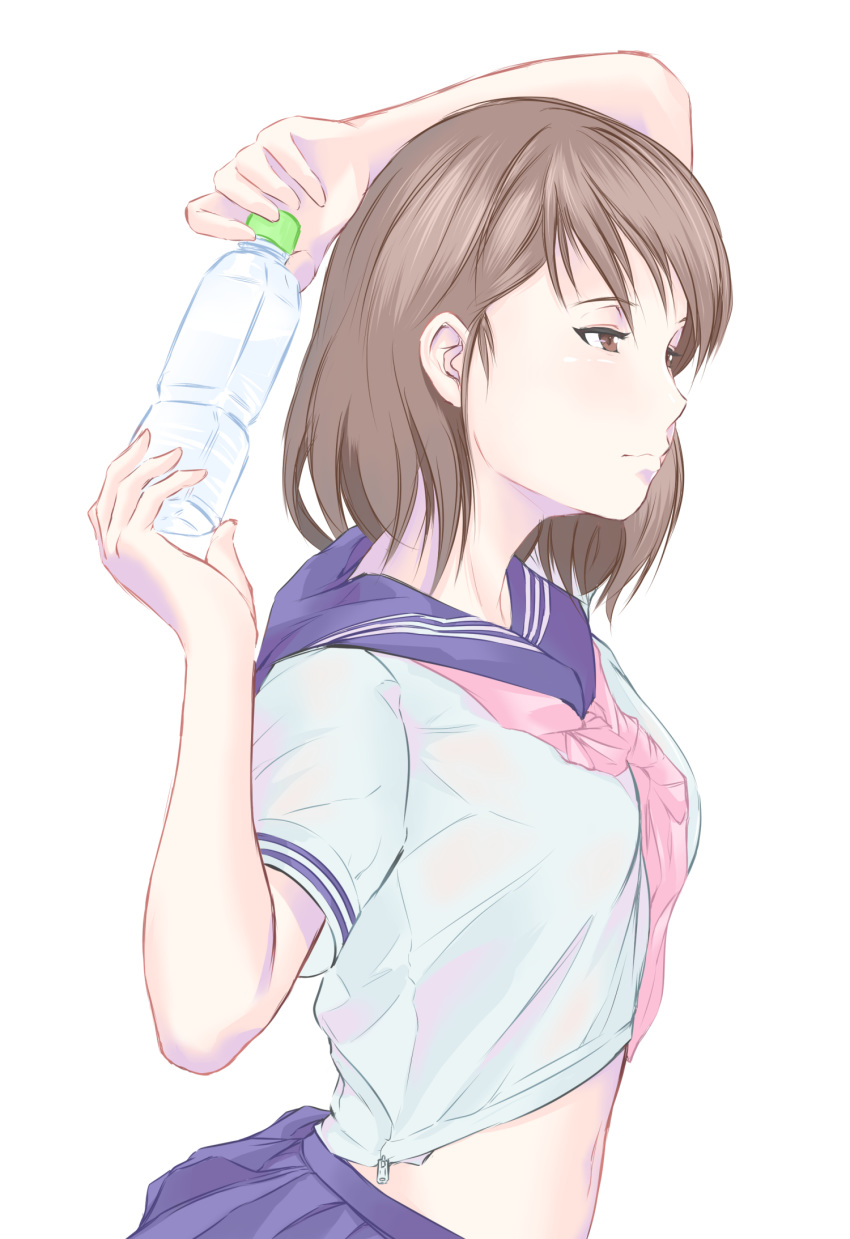 1girl arched_back arm_behind_head arms_behind_back azurcentauri blue_skirt bottle brown_eyes brown_hair derivative_work highres lips medium_hair midriff navel original pleated_skirt reference_photo_request school_uniform serafuku simple_background skirt water_bottle white_background