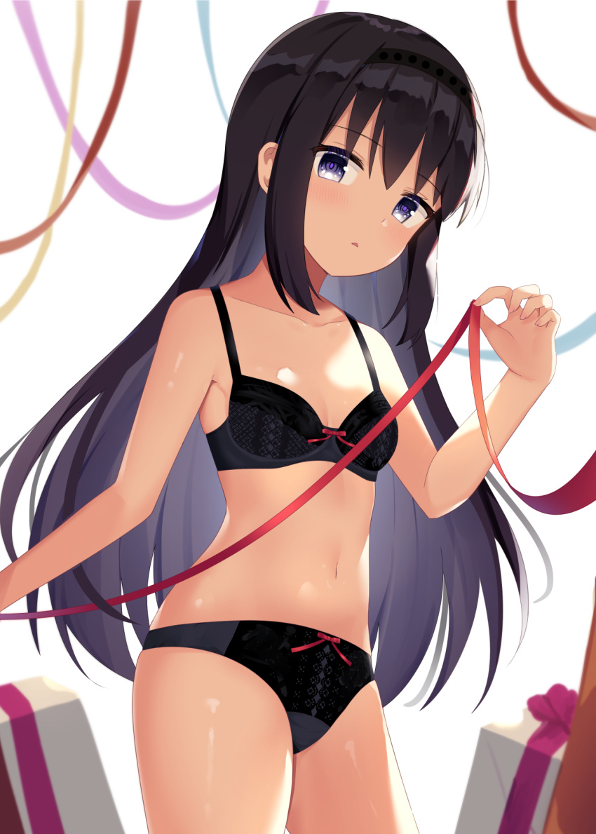 1girl akemi_homura bangs bare_arms bare_shoulders black_hair blush box breasts collarbone cowboy_shot eyebrows_visible_through_hair gift gift_box highres holding kkkk12103 long_hair looking_at_viewer mahou_shoujo_madoka_magica navel parted_lips red_ribbon ribbon ribbon_bra ribbon_panties simple_background small_breasts solo stomach thighs underwear underwear_only very_long_hair violet_eyes white_background