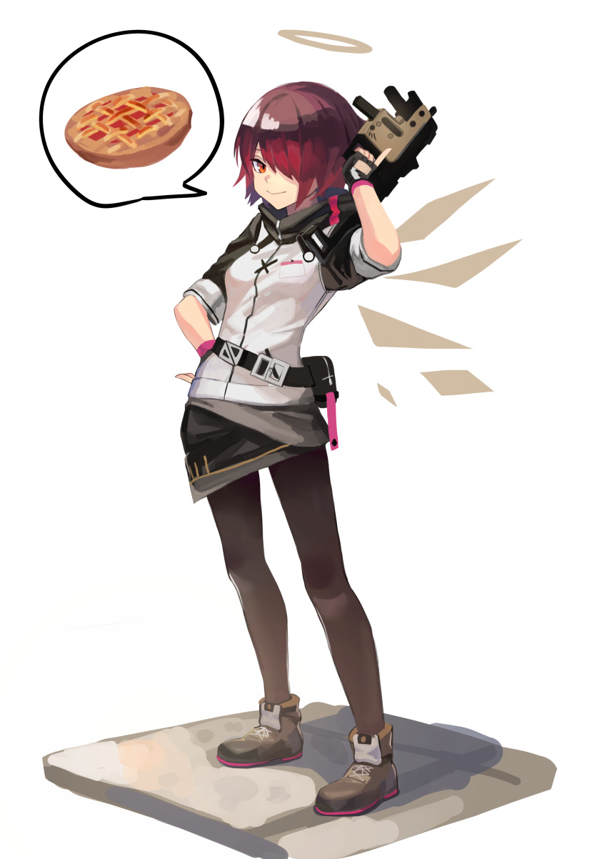 1girl absurdres ao_(1234painter) apple_pie arknights bag black_skirt brown_legwear exusiai_(arknights) full_body gun hair_over_one_eye halo hand_on_hip highres holding holding_gun holding_weapon jacket kriss_vector looking_at_viewer miniskirt pantyhose raglan_sleeves red_eyes redhead shoes short_hair short_sleeves simple_background skirt smile solo spoken_object standing submachine_gun trigger_discipline weapon white_background white_jacket wings