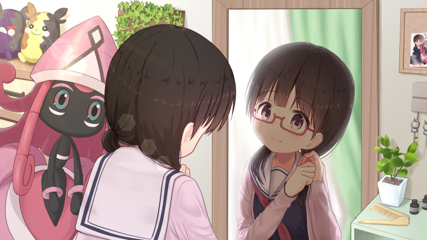 1girl bangs black_hair black_shirt blush bulletin_board character_request chest_of_drawers closed_mouth comb commentary_request copyright_request eyebrows_visible_through_hair gen_8_pokemon glasses hair_over_shoulder hands_up highres indoors jacket long_hair long_sleeves low_twintails mimikaki_(men_bow) mirror morpeko neckerchief open_clothes open_jacket photo_(object) pink_jacket plant pokemon pokemon_(creature) potted_plant red-framed_eyewear red_neckwear reflection sailor_collar school_uniform semi-rimless_eyewear serafuku shirt sleeves_past_wrists smile twintails tying_hair under-rim_eyewear violet_eyes virtual_youtuber white_sailor_collar