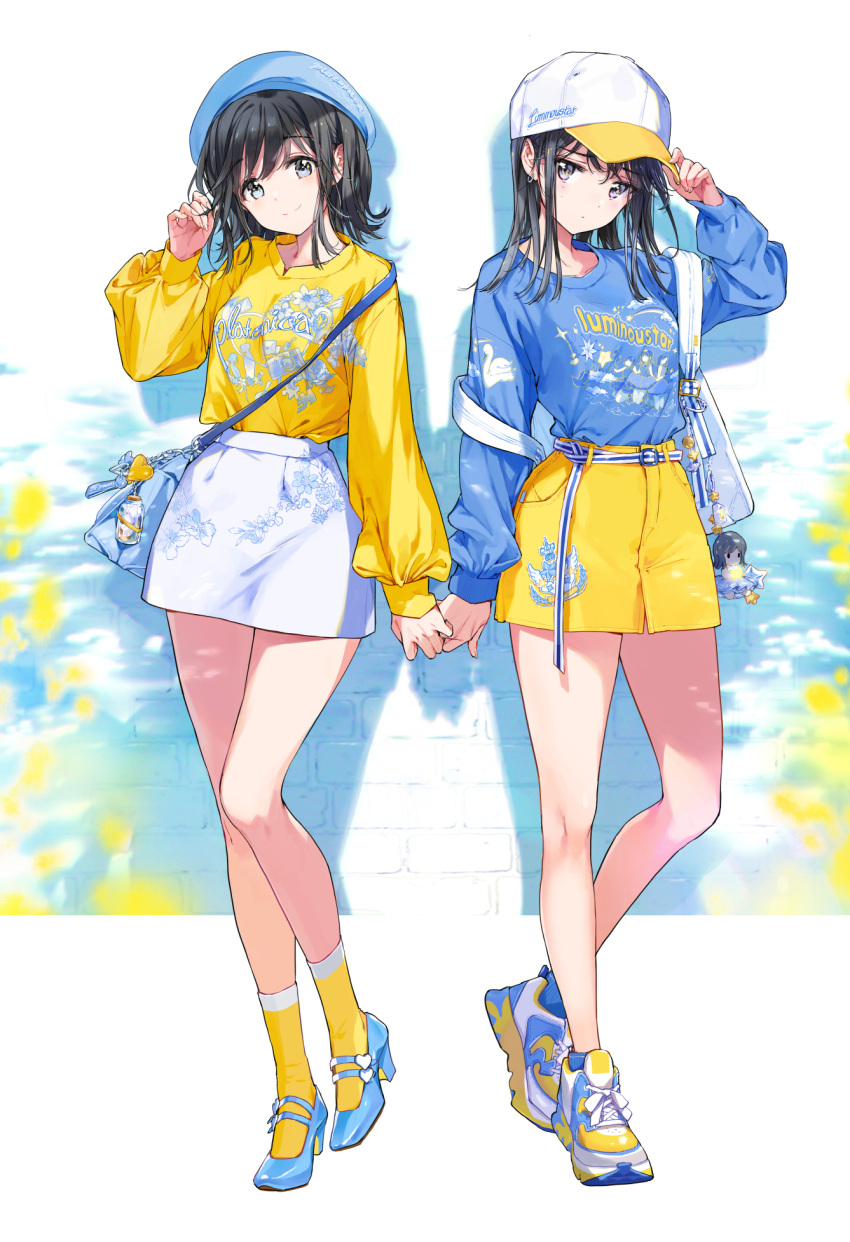 2girls adjusting_clothes adjusting_headwear backpack bag bag_charm bangs baseball_cap beret black_hair blue_eyes blue_footwear blue_headwear blue_shirt blue_socks blush bottle character_doll charm_(object) closed_mouth clothes_writing corked_bottle earrings floral_print full_body hand_in_own_hair handbag hat headwear_writing high_heels highres holding_hands jewelry light_frown long_hair long_sleeves looking_at_viewer medium_hair miniskirt mole mole_under_eye multiple_girls off_shoulder original playing_with_own_hair print_shirt print_skirt shadow shirt shoes skirt smile sneakers socks standing tiv white_headwear white_skirt yellow_footwear yellow_shirt yellow_skirt yellow_socks yuri