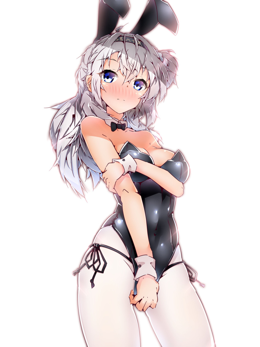 1girl absurdres animal_ears black_leotard black_neckwear blue_eyes bow bowtie breasts bunny_tail bunnysuit contrapposto cowboy_shot detached_collar harukawa_(hal501) highres kantai_collection leotard long_hair looking_at_viewer medium_breasts one_side_up pantyhose rabbit_ears silver_hair simple_background solo standing strapless strapless_leotard suzutsuki_(kantai_collection) tail white_background white_legwear wrist_cuffs