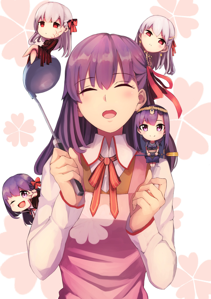 5girls absurdres apron bangs bb_(fate)_(all) bb_(fate/extra_ccc) black_coat black_dress blue_dress blush body_markings breasts brown_vest chibi circlet closed_eyes closed_mouth coat collared_shirt dark_persona dark_sakura dress earrings fate/extra fate/extra_ccc fate/grand_order fate/stay_night fate_(series) floral_background hair_ribbon heaven's_feel highres homurahara_academy_uniform indian_clothes jewelry kama_(fate/grand_order) ladle large_breasts long_hair looking_at_viewer matou_sakura multiple_girls multiple_persona neck_ribbon one_eye_closed open_mouth parted_lips parvati_(fate/grand_order) pink_apron ponytail popped_collar purple_dress purple_hair red_ribbon ribbon sh22 shirt silver_hair sitting smile staff vest violet_eyes white_background white_hair white_shirt