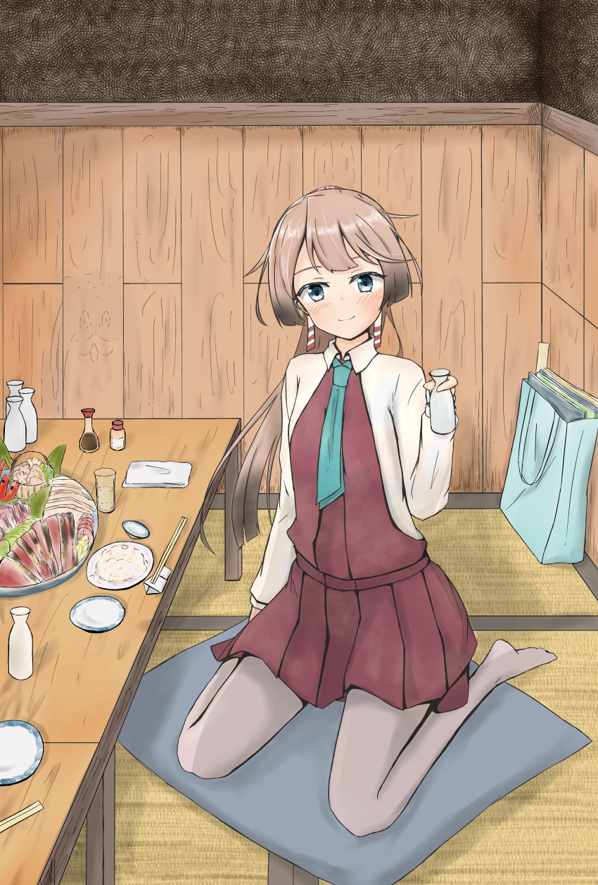 1girl absurdres bag bottle brown_hair commentary_request cushion dress food grey_eyes grey_legwear hair_ribbon highres huge_filesize kantai_collection kazagumo_(kantai_collection) kure_jirou long_hair looking_at_viewer meat necktie pantyhose ponytail ribbon school_uniform shirt shopping_bag sitting sleeveless sleeveless_dress solo soy_sauce table tatami tokkuri wariza white_shirt zabuton