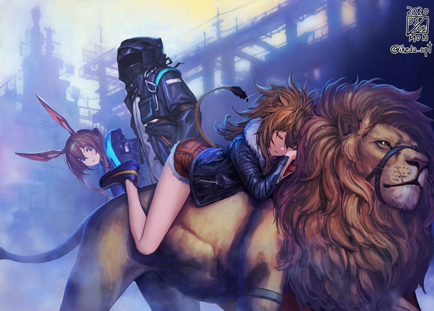 1boy 2girls amiya_(arknights) animal animal_ears arknights bent_over black_jacket blue_eyes brown_hair commentary_request cutoffs dated doctor_(arknights) fur_trim helmet hood hood_down hooded_jacket ikeda_(cpt) jacket lion lion_ears lion_tail long_hair multiple_girls parted_lips rabbit_ears red_shorts reins shoes short_shorts shorts siege_(arknights) sleeping straddling tail thighs