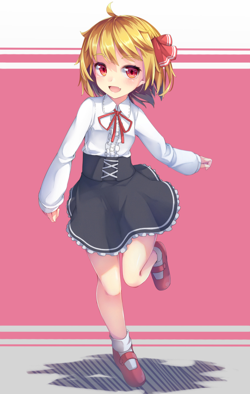 1girl :d ahoge black_skirt blonde_hair blush bobby_socks center_frills collared_shirt commentary_request fang frilled_skirt frills grey_background hair_ribbon highres long_sleeves neck_ribbon open_mouth pink_background red_eyes red_footwear red_ribbon ribbon rumia shadow shirt shoes skirt sleeves_past_wrists smile socks solo touhou two-tone_background uumaru white_background white_legwear white_shirt