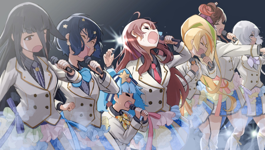 6+girls ahoge black_hair blonde_hair blue_hair bow bowtie brown_hair closed_eyes flower hair_flower hair_ornament highres hoshikawa_lily konno_junko long_hair microphone minamoto_sakura mizuno_ai multicolored_hair multiple_girls music necktie nikaidou_saki redhead sgen silver_hair singing skirt spotlight star star_hair_ornament streaked_hair sweat yamada_tae yuugiri_(zombie_land_saga) zombie_land_saga