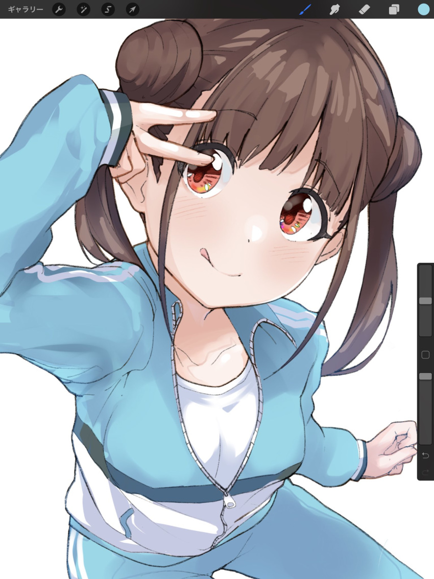 1girl bangs blue_jacket blue_pants blush breasts brown_hair closed_mouth double_bun hand_up highres idolmaster idolmaster_shiny_colors jacket large_breasts licking_lips long_hair long_sleeves looking_at_viewer misekai_555 pants red_eyes shirt short_twintails simple_background smile solo sonoda_chiyoko tongue tongue_out track_jacket track_pants track_suit twintails v white_background white_shirt zipper zipper_pull_tab