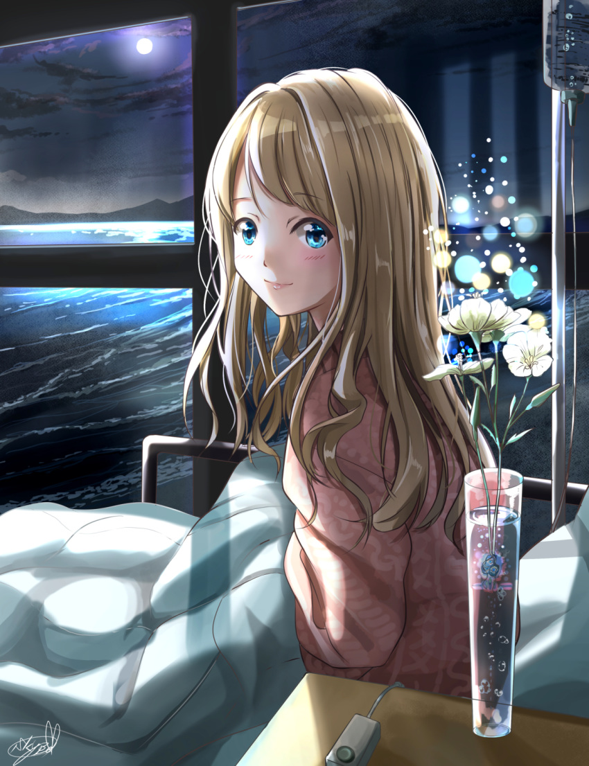 1girl bangs bed blonde_hair blue_eyes cardigan clouds commentary eyebrows_visible_through_hair flower full_moon highres hospital_bed indoors intravenous_drip light_particles light_smile looking_at_viewer moon mountainous_horizon night ocean on_bed original pillow pink_cardigan signature sitting solo soragane_(banisinngurei) swept_bangs under_covers vase window