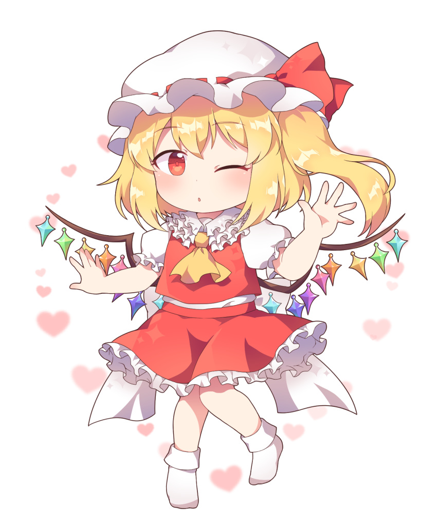 1girl ascot bangs blonde_hair blush bobby_socks bow caramell0501 chibi crystal eyebrows_visible_through_hair flandre_scarlet frilled_skirt frills hair_between_eyes hand_up hat hat_bow heart highres long_hair looking_at_viewer mob_cap no_shoes one_eye_closed one_side_up parted_lips puffy_short_sleeves puffy_sleeves red_bow red_eyes red_skirt red_vest shirt short_sleeves simple_background skirt socks solo standing standing_on_one_leg touhou vest white_background white_headwear white_legwear white_shirt wings yellow_neckwear