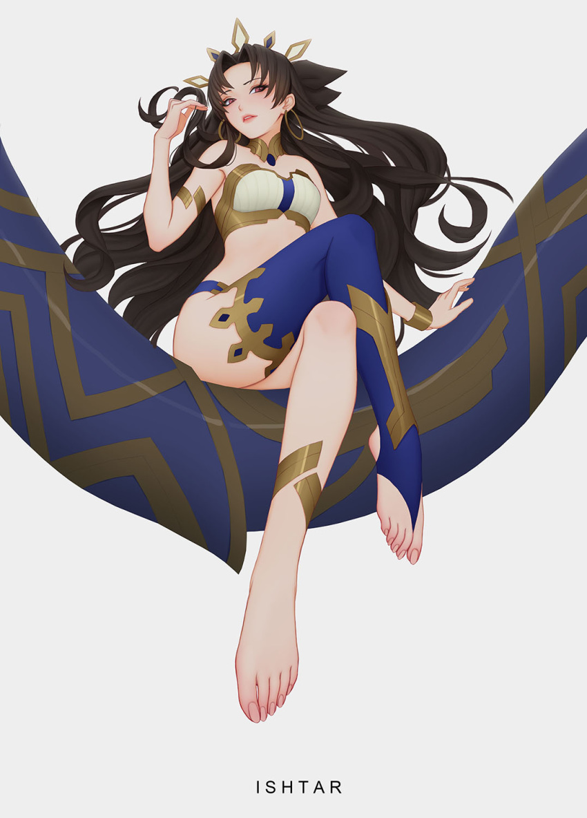 1girl armband barefoot black_ribbon breasts brown_hair chaos_(pixiv3726393) character_name crossed_legs crown earrings fate/grand_order fate_(series) from_below highres hoop_earrings ishtar_(fate)_(all) ishtar_(fate/grand_order) jewelry long_hair looking_at_viewer medium_breasts parted_lips red_eyes ribbon single_thighhigh stirrup_legwear thigh-highs thighs toeless_legwear toes twintails white_background wristband