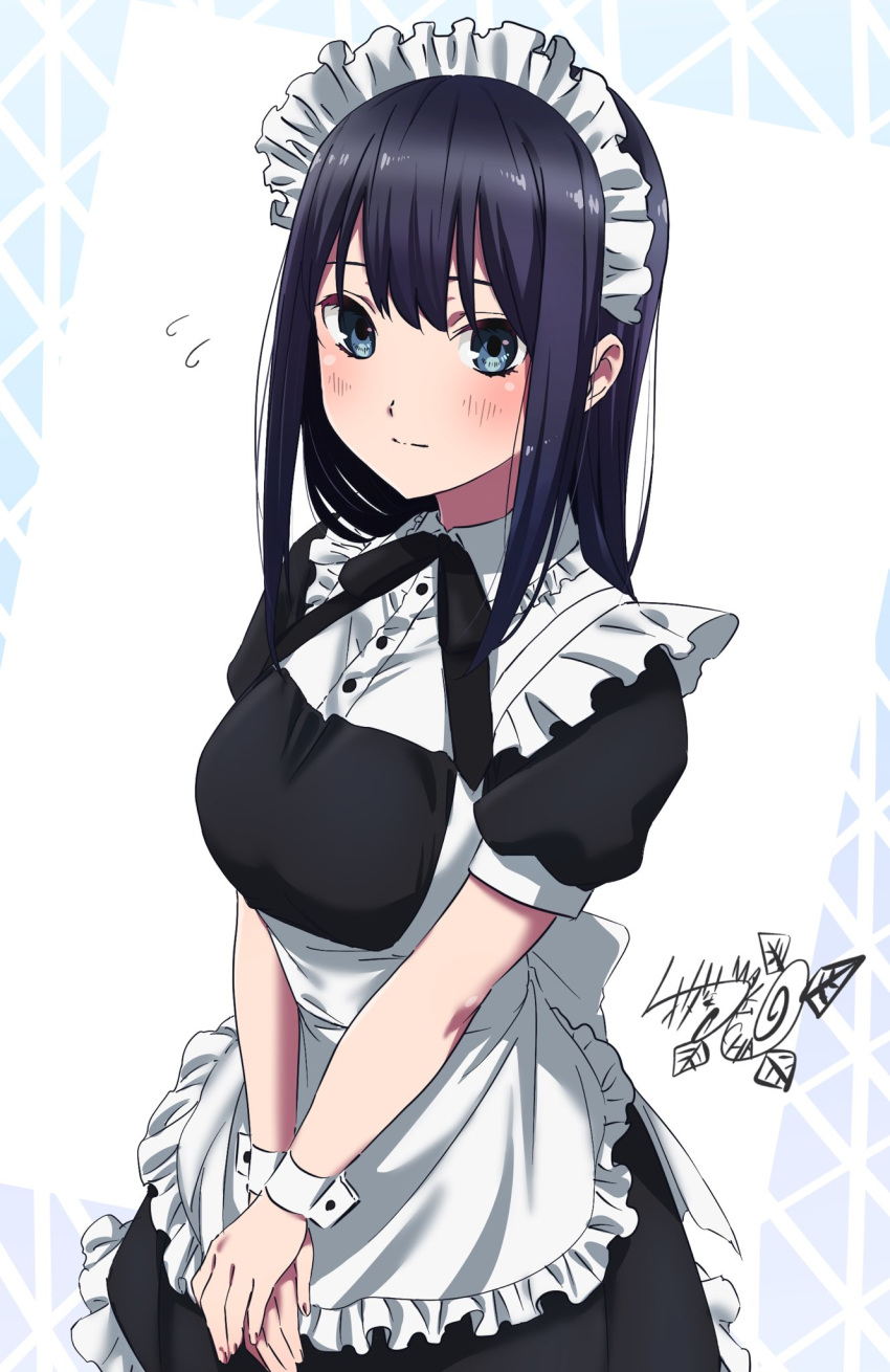 1girl apron artist_name bangs black_eyes black_hair black_neckwear blush closed_mouth collared_dress commentary dress flying_sweatdrops frilled_dress frills highres light_smile looking_at_viewer maid maid_apron maid_headdress medium_hair neck_ribbon original pink_x puffy_short_sleeves puffy_sleeves ribbon short_dress short_sleeves signature solo standing v_arms white_apron wrist_cuffs