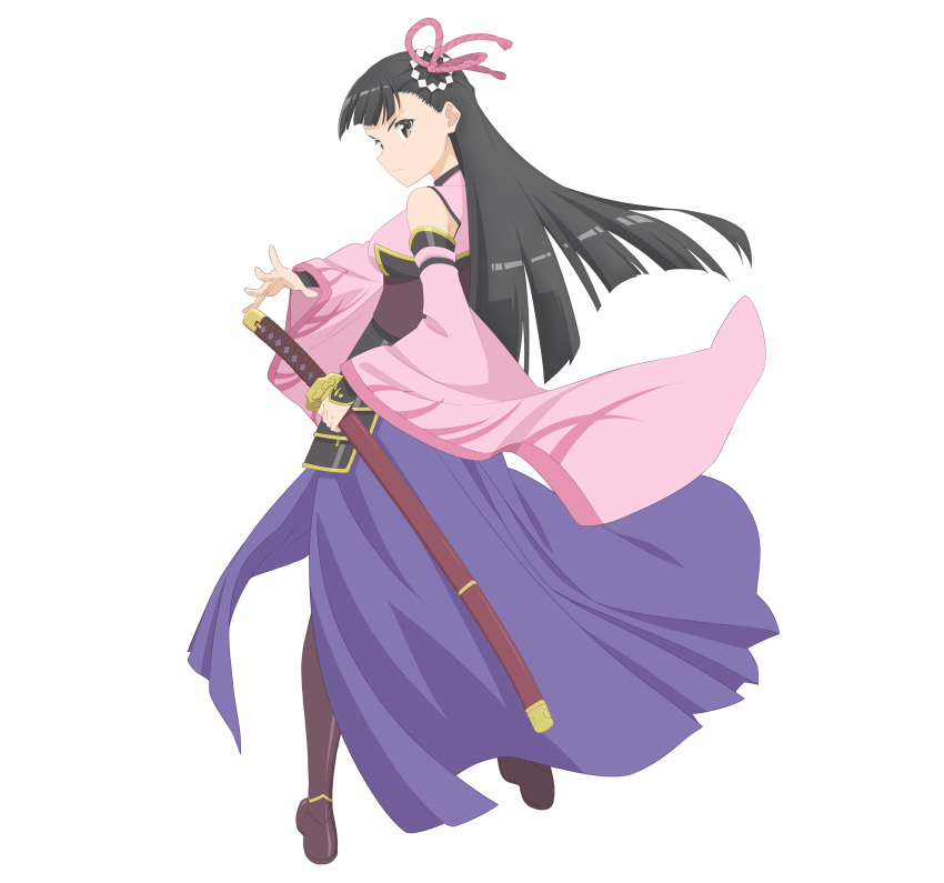 1girl :| absurdres armor artist_request bangs black_hair blunt_bangs closed_mouth commentary_request detached_sleeves dress faulds from_behind frown full_body hair_ornament highres holding holding_sword holding_weapon itai_no_wa_iya_nano_de_bougyoryoku_ni_kyokufuri_shitai_to_omoimasu japanese_armor japanese_clothes kasumi_(bofuri) katana legs_apart long_hair looking_back official_art pink_shirt purple_dress rope sheath sheathed shirt sleeveless sleeveless_shirt solo standing sword transparent_background v-shaped_eyebrows weapon wide_sleeves