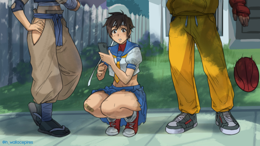 1boy 2girls basketball blue_skirt brown_hair fingerless_gloves gloves grass hand_on_hip headband highres hip_vent ibuki_(street_fighter) kasugano_sakura looking_at_viewer lower_body midriff multiple_girls pants sandals school_uniform sean_matsuda shoes short_hair sidewalk skirt sneakers squatting street_fighter street_fighter_iii_(series) sweatpants wallace_pires