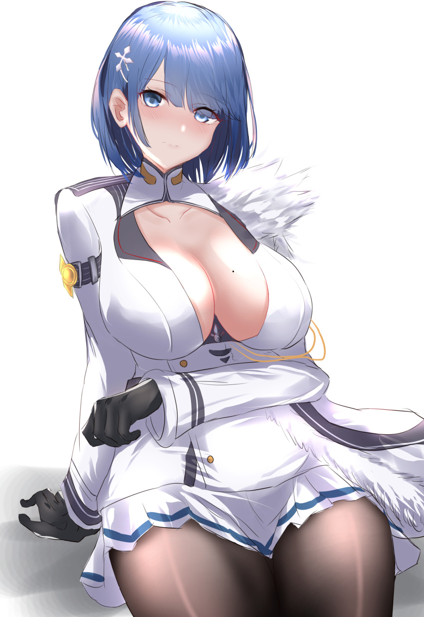 1girl absurdres arm_support azur_lane blue_eyes blue_hair blush breast_cutout breasts chapayev_(azur_lane) eyebrows_visible_through_hair fur_trim gloves hair_ornament highres large_breasts long_sleeves looking_at_viewer military military_jacket military_uniform miniskirt mole mole_on_breast pantyhose short_hair simple_background skirt solo tsubapi_(pupi57) uniform white_background