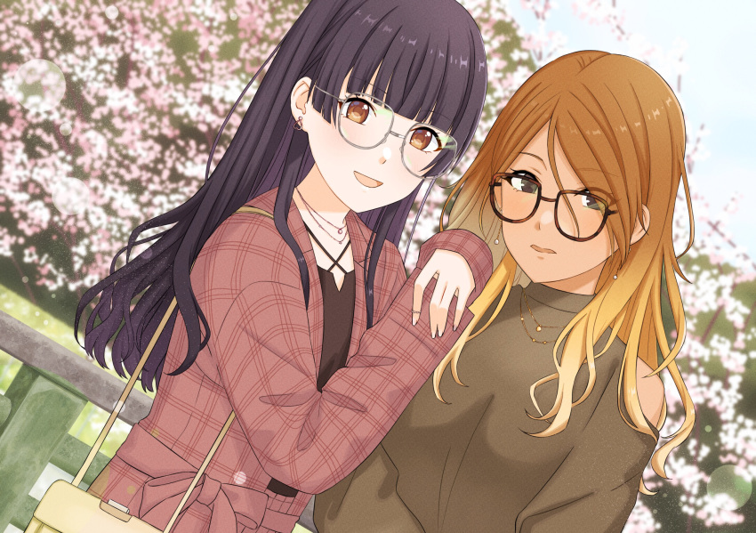 2girls :d bag bangs bare_shoulders bench black_eyes black_hair blonde_hair blunt_bangs brown_eyes brown_hair closed_mouth earrings eyebrows_visible_through_hair glasses gradient_hair hair_between_eyes halterneck handbag heart heart_earrings highres idolmaster idolmaster_shiny_colors izumi_mei jacket jewelry leaning_on_person long_hair mayuzumi_fuyuko multicolored_hair multiple_girls necklace off-shoulder_sweater off_shoulder open_mouth outdoors pearl_earrings plaid_jacket ring sasakamasasa smile sweater tan tree