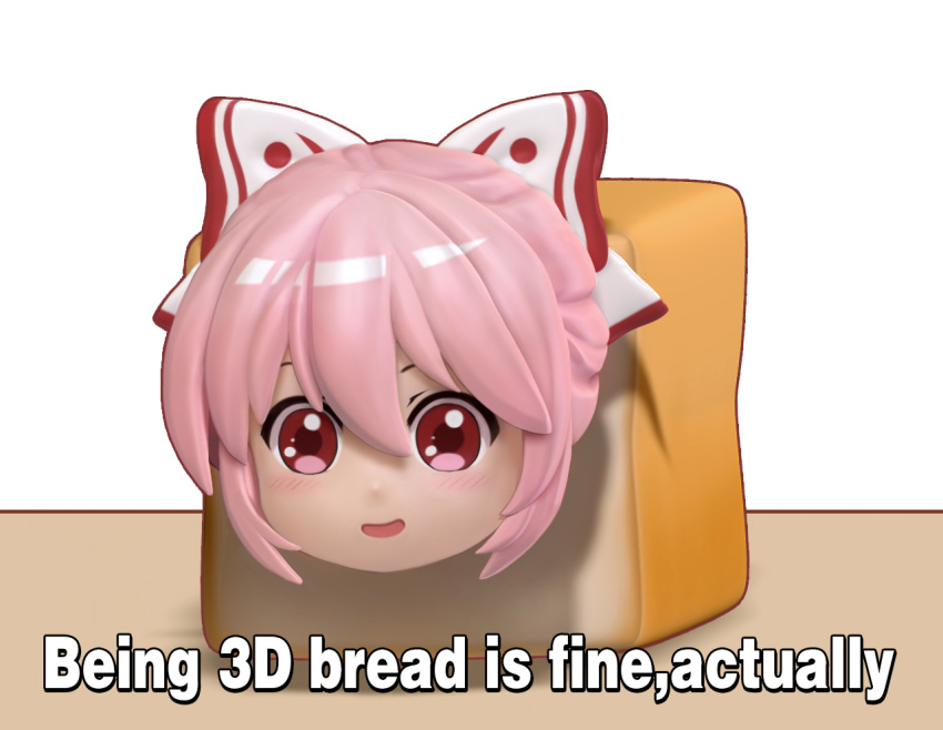 1girl 3d :d bangs blush bow bread chinese_commentary commentary_request english_text food fujiwara_no_mokou hair_between_eyes hair_bow looking_at_viewer open_mouth pink_hair red_eyes shadow shangguan_feiying short_hair simple_background smile solo touhou white_background white_bow