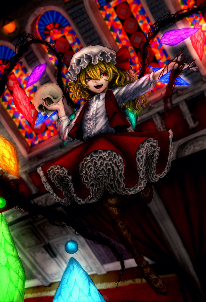 1girl absurdres arm_at_side artist_request blonde_hair blood bloody_hands blouse brick_wall buttons carpet collared_blouse crystal door flandre_scarlet floating frilled_blouse frilled_skirt frills full_body glowing glowing_wings hair_between_eyes hands_up hat hat_ribbon highres holding_skull indoors lantern layered_skirt leg_up long_sleeves looking_to_the_side medium_hair mob_cap open_clothes open_mouth outstretched_arm pantyhose petticoat pointy_ears red_carpet red_eyes red_footwear red_ribbon red_skirt red_vest ribbon sharp_teeth shoe_ribbon sidelocks skirt skull solo stained_glass teeth touhou very_long_fingernails vest white_blouse white_headwear wings