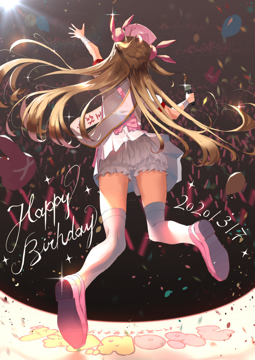 1girl akamizuki_(akmzk) apron balloon bandages bangs bloomers bunny_hair_ornament concert confetti dated fisheye from_behind full_body glowstick hair_ornament happy_birthday hat highres holding holding_microphone jumping light_brown_hair long_hair microphone natori_sana nurse_cap penlight pink_apron pink_footwear pink_headwear puffy_short_sleeves puffy_sleeves sana_channel sash short_sleeves solo stage thigh-highs two_side_up underwear virtual_youtuber white_legwear